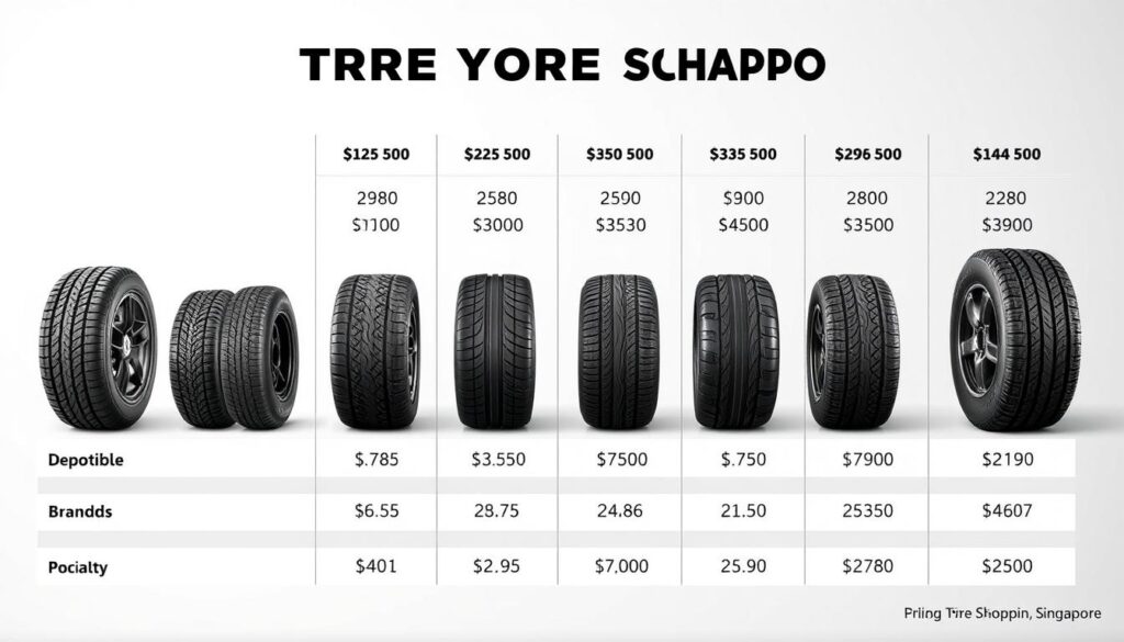 A well-lit, detailed comparison chart showcasing various tyre sizes, brands, and prices. The chart is set against a clean, minimalist background, with a subtle gradient or texture that adds depth and sophistication. The tyre images are rendered with high fidelity, highlighting their tread patterns, sidewall details, and overall quality. The pricing information is displayed in a clear, easy-to-read format, allowing viewers to quickly assess the value proposition of each tyre option. The overall composition is balanced, with ample negative space to draw the eye towards the key data points. The mood is informative and helpful, guiding the viewer through the essential considerations for tyre shopping in Singapore.