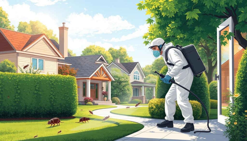 A well-lit, detailed illustration of a residential pest control service in action. In the foreground, a professional exterminator in protective gear applies targeted treatments to eliminate pests like cockroaches, ants, and rodents from a cozy suburban home. The middle ground shows the exterior of the residence, with neatly trimmed hedges and a well-maintained lawn. The background features a peaceful neighborhood setting, with other houses, lush trees, and a clear blue sky. The overall mood is one of efficiency, professionalism, and care, conveying the expertise of the pest control service in providing effective solutions for residential customers.