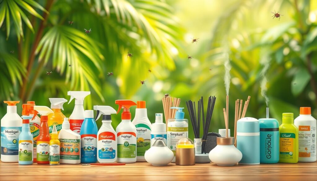 A well-lit, detailed illustration showcasing an assortment of mosquito repellent products commonly available in Singapore. In the foreground, an array of bottles, sprays, lotions, and coils representing various natural and chemical-based repellents. The middle ground features a diverse range of mosquito deterrents like citronella candles, incense sticks, and electric diffusers. In the background, a soft-focus tropical setting with lush greenery, hinting at the typical environments where these repellents would be utilized. The overall composition conveys a sense of comprehensive solutions for combating mosquitoes in the Singaporean context.