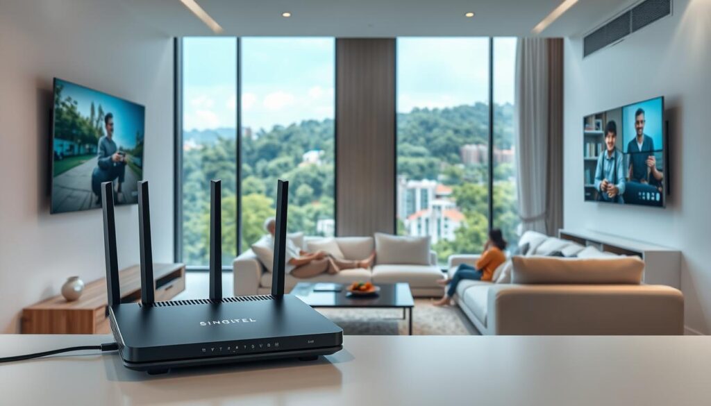 A well-lit, detailed interior shot of a modern, spacious living room, showcasing Singtel's high-speed broadband options. In the foreground, a sleek, state-of-the-art router and modem setup, with clean lines and a minimalist design. On the walls, large 4K display screens showcasing seamless video streaming, fast online gaming, and smooth video conferencing. In the middle ground, a family relaxing on plush, comfortable sofas, enjoying the lightning-fast internet connection. The background features large windows, flooding the room with natural light and offering a panoramic view of a lush, verdant cityscape beyond. The overall atmosphere is one of technological sophistication, connectivity, and the comfort of a well-connected, high-speed home.