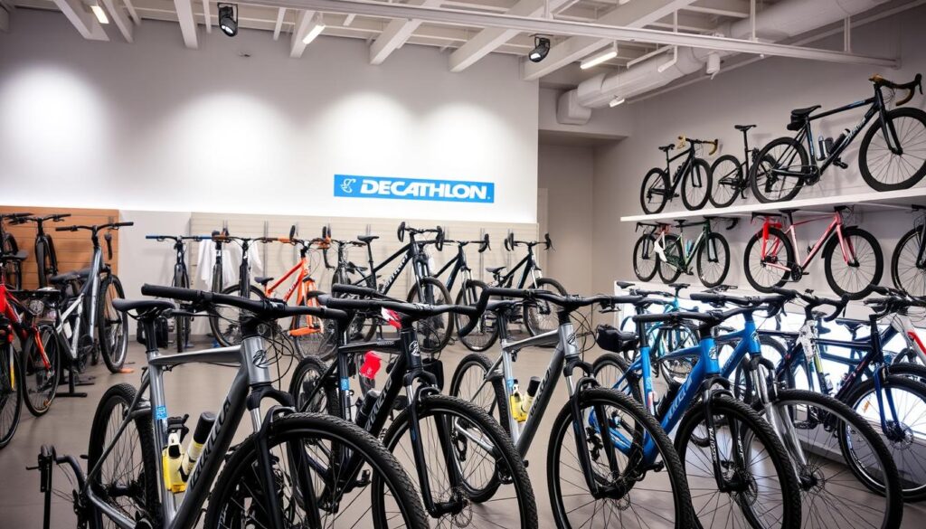 A well-lit display of Decathlon's affordable bicycle selection, showcasing a diverse range of models. In the foreground, several bicycles stand proudly, their sleek frames and vibrant colors catching the eye. The middle ground features a variety of mountain, road, and hybrid bikes, each tailored to different cycling needs. In the background, a clean, minimalist store interior provides a serene and inviting atmosphere, highlighting Decathlon's commitment to value and accessibility for budget-conscious cyclists. Soft, diffused lighting bathes the scene, creating a warm and welcoming ambiance that emphasizes the quality and affordability of the bicycles on display.