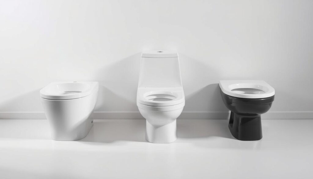 A well-lit, high-angle photograph showcasing a selection of affordable, high-quality toilet bowl options. The foreground features three distinct toilet bowls in a range of modern, sleek designs - a classic white ceramic model, a minimalist black porcelain design, and a water-efficient, low-flow option. The middle ground shows the toilets situated against a simple, neutral-toned background, with subtle shadows and highlights to accentuate their forms. The background gently fades into a soft, diffused lighting setup, creating a clean, studio-like ambiance. The overall composition emphasizes the affordability and quality of these budget-friendly toilet bowl choices.