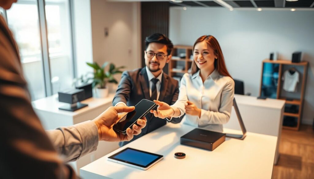 A well-lit, high-angle photograph showcasing a sleek, modern mobile phone selling process in Singapore. The foreground features a customer handing over their device to a professional salesperson, with a smooth, efficient transaction occurring. The middle ground depicts a clean, minimalist counter-top workspace, complete with a high-end digital display and state-of-the-art equipment. In the background, a neatly organized storage area and a serene, contemporary office environment set the scene. The lighting is warm and natural, creating a sense of trust and reliability. The overall atmosphere conveys a fast, secure, and customer-centric mobile phone selling experience.