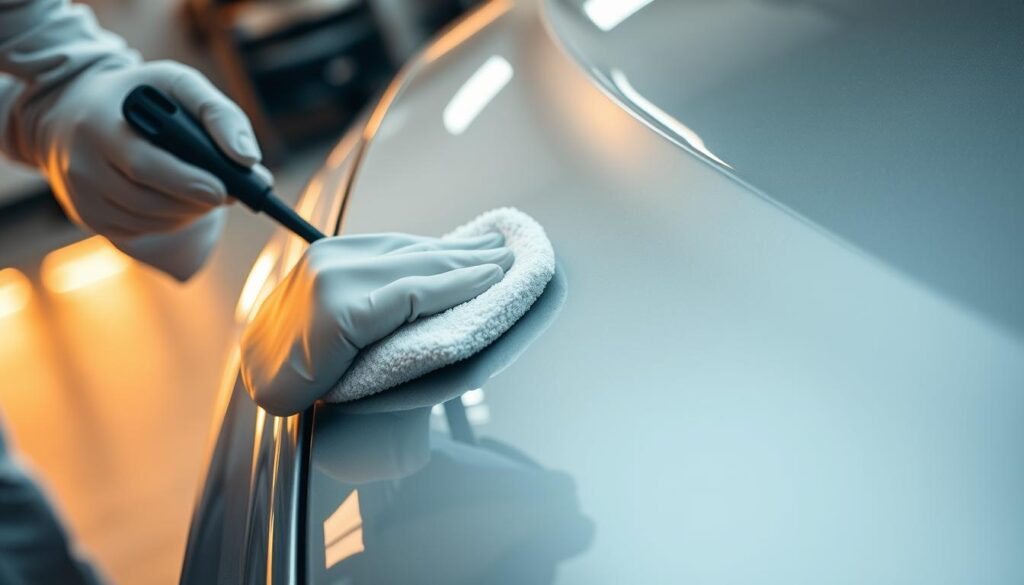 A well-lit, high-angle shot of a car undergoing a premium ceramic coating application process. The car's surface is meticulously prepped, with the technician in the foreground carefully applying the specialized sealant using a microfiber applicator. The coating's glossy, reflective finish is evident, creating a luminous, mirror-like sheen. The background is blurred, highlighting the focus on the coating application. Soft, warm lighting illuminates the scene, conveying a sense of professionalism and attention to detail. The overall mood is one of precision, expertise, and the promise of a long-lasting, protected vehicle finish.