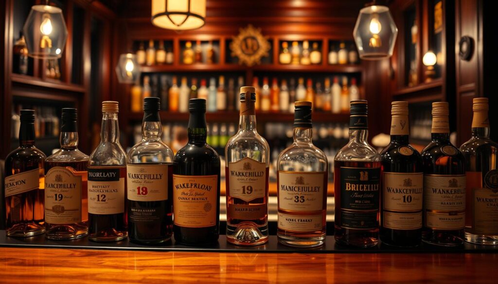A well-lit, high-angle shot of a classic Singapore bar's whiskey selection, showcasing an impressive array of premium bottles in the foreground. The middle ground features a polished, wooden bar top with subtle lighting, evoking an elegant and sophisticated atmosphere. The background subtly blurs into a warm, moody ambiance, highlighting the bar's intimate and inviting character. The overall composition emphasizes the depth and variety of the whiskey offerings, capturing the essence of Singapore's discerning and refined whiskey culture.