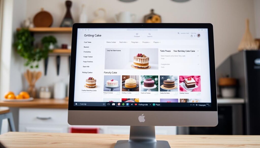 A well-lit, high-angle shot of a desktop computer screen displaying an e-commerce website's online cake ordering interface. The foreground features a clean, modern UI with intuitive menus, product images, and customization options. The middle ground showcases a variety of cake designs, flavors, and sizes to choose from. The background depicts a soft, blurred backdrop of a cozy kitchen or bakery setting, suggesting the artisanal quality of the cakes. The overall mood is one of convenience, sophistication, and a touch of culinary inspiration, inviting the viewer to effortlessly order their perfect birthday cake online.
