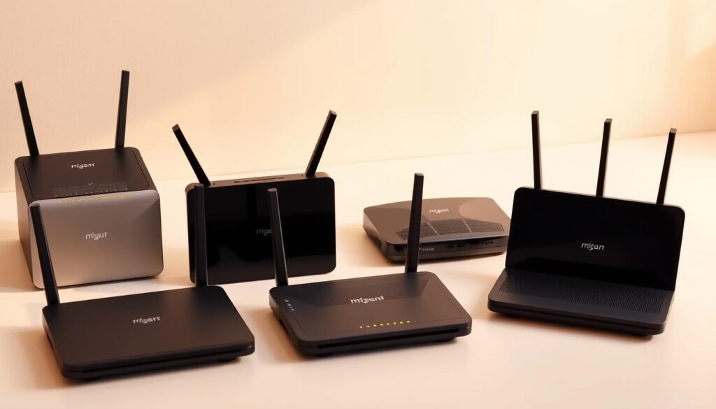 A well-lit, high-angle shot of a lineup of budget wifi routers, set against a clean, minimalist background. The routers are arranged in a grid, showcasing their sleek, modern designs with subtle branding. The image has a professional, product-focused feel, highlighting the key features and value proposition of each router model. Warm, soft lighting creates a pleasant, inviting atmosphere, while a slight depth of field keeps the focus on the devices. The overall composition emphasizes the comparison and evaluation of these budget-friendly yet capable networking solutions.