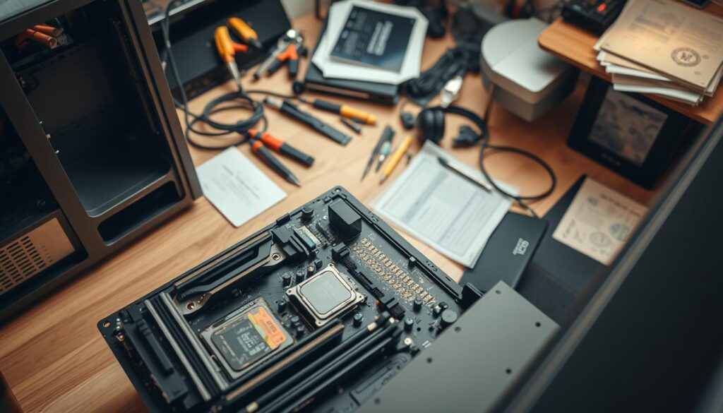 A well-lit, high-angle view of a custom PC building process. The foreground features a partially assembled desktop computer with various PC components like motherboard, CPU, GPU, RAM, and storage drives laid out neatly. The middle ground shows the hands of a skilled technician carefully installing and connecting the components. The background showcases an organized workspace with tools, cables, and technical manuals, conveying a professional, methodical atmosphere. The lighting is warm and natural, highlighting the intricate details of the PC build. The overall scene embodies the precision, dedication, and expertise required to construct a top-quality custom gaming or workstation PC. A well-lit, high-angle view of a custom PC building process. The foreground features a partially assembled desktop computer with various PC components like motherboard, CPU, GPU, RAM, and storage drives laid out neatly. The middle ground shows the hands of a skilled technician carefully installing and connecting the components. The background showcases an organized workspace with tools, cables, and technical manuals, conveying a professional, methodical atmosphere. The lighting is warm and natural, highlighting the intricate details of the PC build. The overall scene embodies the precision, dedication, and expertise required to construct a top-quality custom gaming or workstation PC.