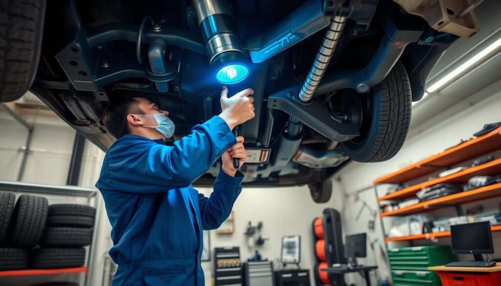 A well-lit, high-angle view of a mechanic inspecting the undercarriage of a used car in a clean, organized auto repair shop. The mechanic is wearing a blue uniform and using a flashlight to thoroughly examine the vehicle's suspension, brakes, and other critical components. In the background, shelves of tools and equipment, with a tire-changing station and a diagnostic computer visible. The scene conveys a sense of professionalism and attention to detail, reflecting the importance of a comprehensive used car inspection process in Singapore.