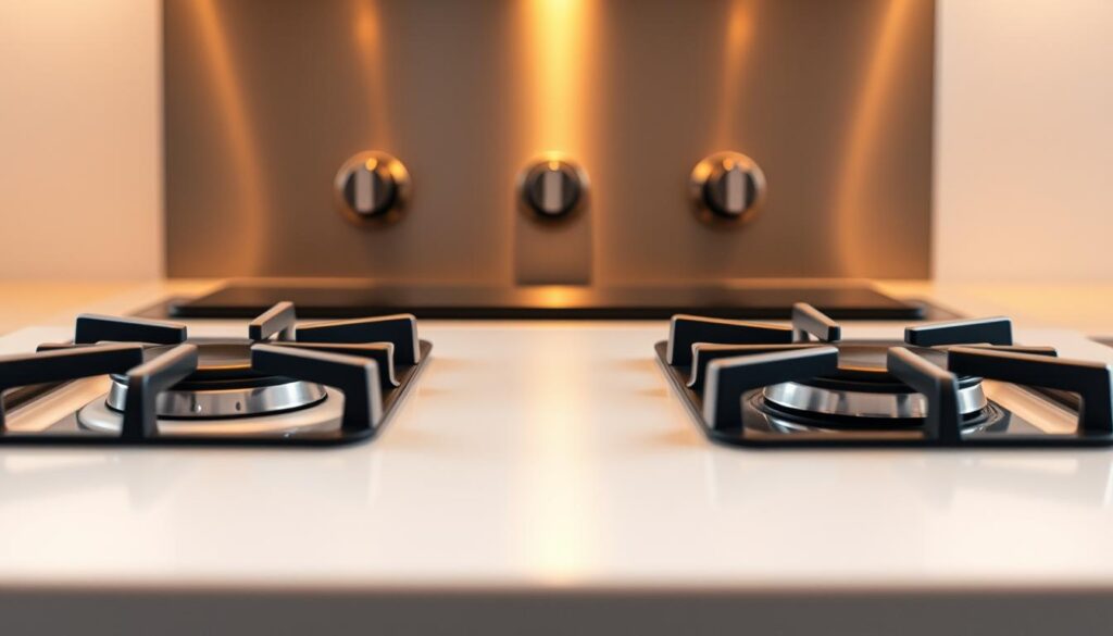 A well-lit, high-angle view of a modern gas hob showcasing its safety features. In the foreground, the gas burners are prominently displayed, with a clean, seamless surface. The middle ground features knobs and controls with clear markings, indicating temperature settings and safety lock functions. In the background, a sleek metal housing frames the hob, hinting at the sturdy construction and attention to detail. Warm, natural lighting casts a soft glow, highlighting the intuitive design and premium materials used. The overall atmosphere conveys a sense of reliability, functionality, and user-centric safety considerations.