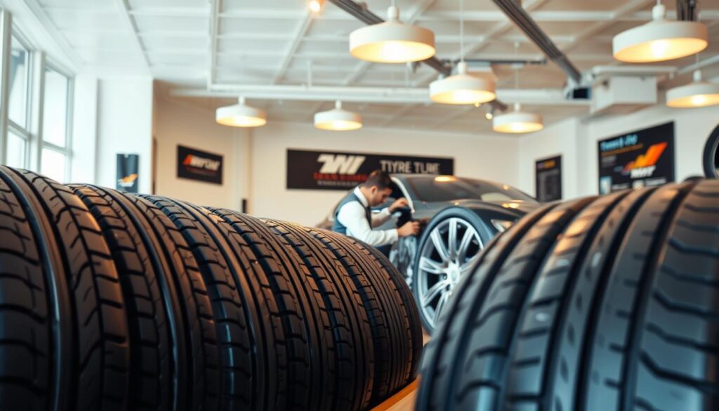 A well-lit, high-end tyre shop with a sleek, modern interior. In the foreground, a row of premium tyres displayed on wooden shelves, their tread patterns and sidewall designs clearly visible. In the middle ground, a professional tyre technician in a crisp uniform inspects a car's wheels, using advanced diagnostic tools. Warm, diffused lighting from overhead fixtures casts a soft glow, creating an atmosphere of expertise and attention to detail. The background features minimalist decor, with a branded wall display and subtle nods to the shop's reputation for exceptional customer service.