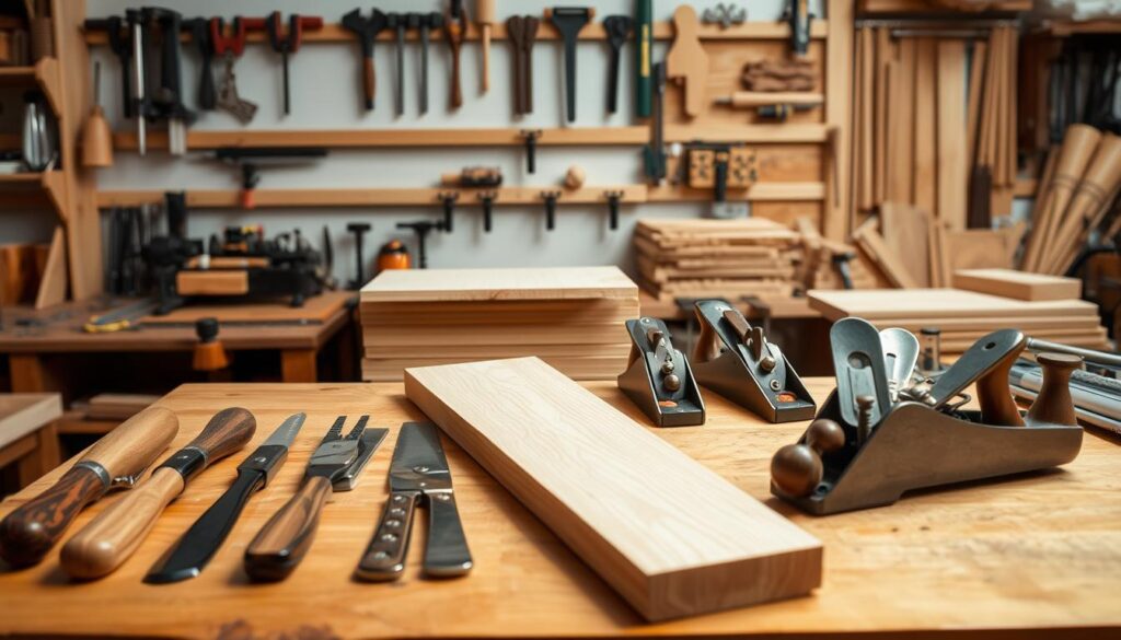 A well-lit, high-quality carpentry workshop with an assortment of premium woodworking tools and materials arranged neatly on a sturdy hardwood workbench. In the foreground, an array of chisels, hand planes, and saw blades gleam under the soft lighting. In the middle ground, a stack of smooth, grainless maple planks and a bundle of oak dowels stand ready for intricate projects. The background showcases a collection of clamps, vises, and other precision carpentry equipment, hinting at the expertise and attention to detail that defines Singapore's top carpenters.