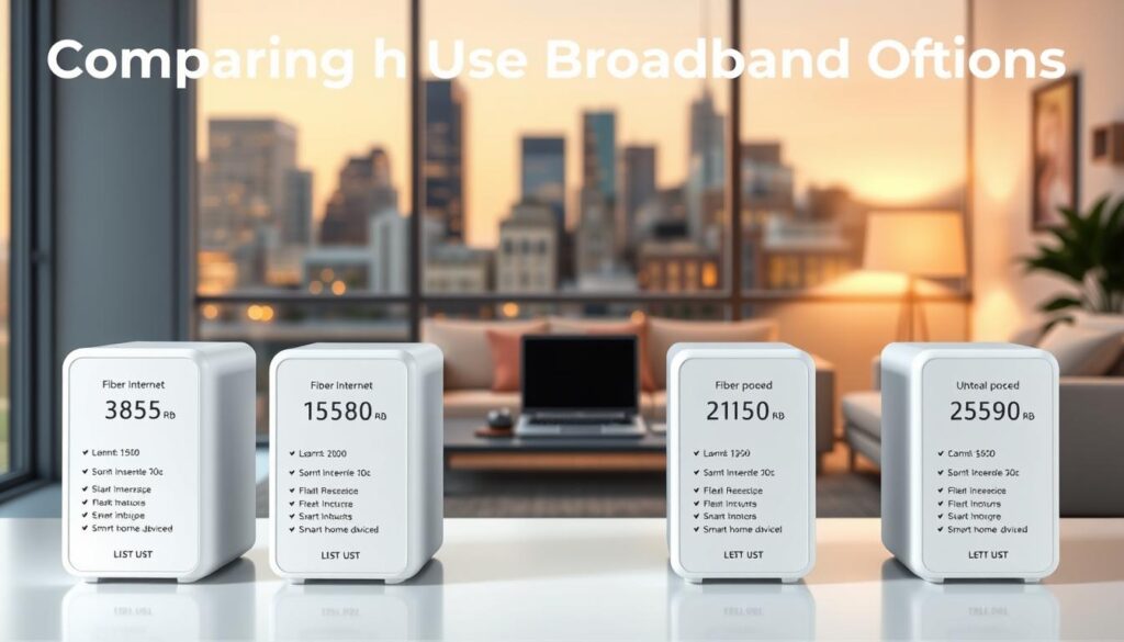 A well-lit, high-quality illustration comparing different fiber broadband options. In the foreground, three modular devices representing various fiber internet plans with clear visual cues for their key specifications like download/upload speeds, data caps, and pricing. In the middle ground, a sleek, minimalist living room setup with a laptop, tablet, and smart home devices, showcasing the real-world application of these fiber plans. In the background, a city skyline with modern architecture bathed in warm, natural lighting, conveying the urban, contemporary setting. The overall scene should have a clean, tech-forward aesthetic that effectively communicates the subject of "Comparing Light Use Broadband Options".