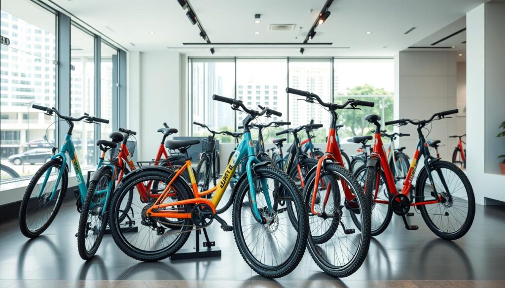 A well-lit, high-quality image of an assortment of premium folding bicycles showcased in a modern, minimalist bicycle shop in Singapore. The bicycles are prominently displayed in the foreground, their sleek, lightweight frames and vibrant colors capturing the eye. The middle ground features a clean, uncluttered showroom space with polished floors and contemporary design elements. The background subtly suggests the urban cityscape outside, with glimpses of buildings and greenery visible through large, floor-to-ceiling windows, creating a sense of connection to the local environment. The overall atmosphere is one of sophistication, quality, and the ideal balance between form and function.