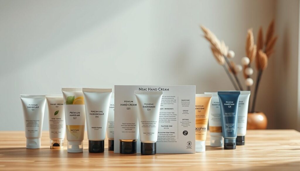 A well-lit, high-quality photograph of a hand cream selection guide showcased on a minimalist, wooden table. The foreground features an array of premium hand creams in various sizes, colors, and packaging, arranged in a visually appealing layout. The middle ground includes relevant product information, such as scent notes, hydrating ingredients, and skin benefits, presented in a clear, organized manner. The background maintains a soft, blurred focus, creating a serene, spa-like atmosphere with a neutral color palette and subtle natural elements, like a potted plant or a decorative vase. The overall composition and lighting emphasize the luxurious, yet practical nature of the hand cream selection, highlighting its suitability for a Singapore audience seeking effective moisturization.