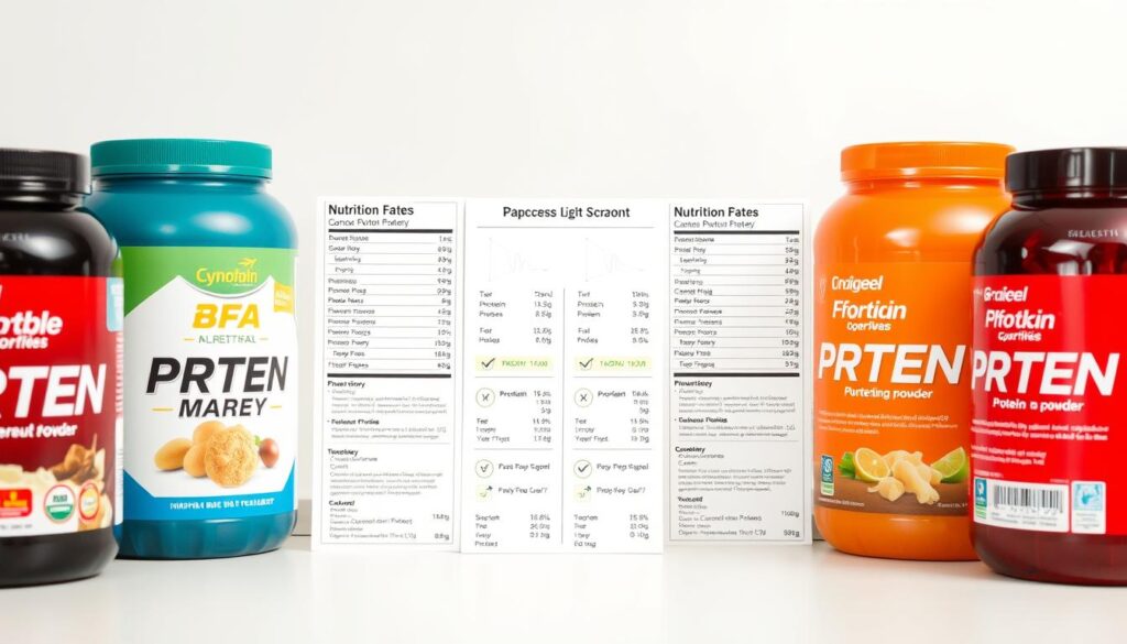 A well-lit, high-quality product comparison image showcasing the top protein supplements available in Singapore. In the foreground, place an arrangement of three or four protein powder containers in various flavors, capturing their distinctive packaging and labels. In the middle ground, display neatly organized nutritional information and key details about each supplement, such as protein content, ingredients, and customer ratings. In the background, create a clean, minimalist setting with a plain white or light gray backdrop, allowing the products and data to be the focal point. Ensure the overall composition is visually balanced, with attention to lighting, depth of field, and a cohesive, professional aesthetic.