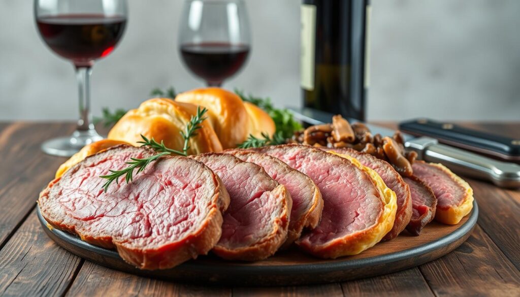 A well-lit, high-resolution close-up image of a selection of premium beef wellington ingredients arranged artfully on a rustic wood surface. In the foreground, slices of tender beef fillet, golden-brown puff pastry, and rich duxelles of sautéed mushrooms and shallots. In the middle ground, sprigs of fresh thyme, a glass of red wine, and a sharp carving knife. The background features a neutral, minimalist backdrop that allows the focus to remain on the culinary elements. The lighting is soft and natural, highlighting the textures and colors of the ingredients to convey a sense of quality, craftsmanship, and culinary excellence.