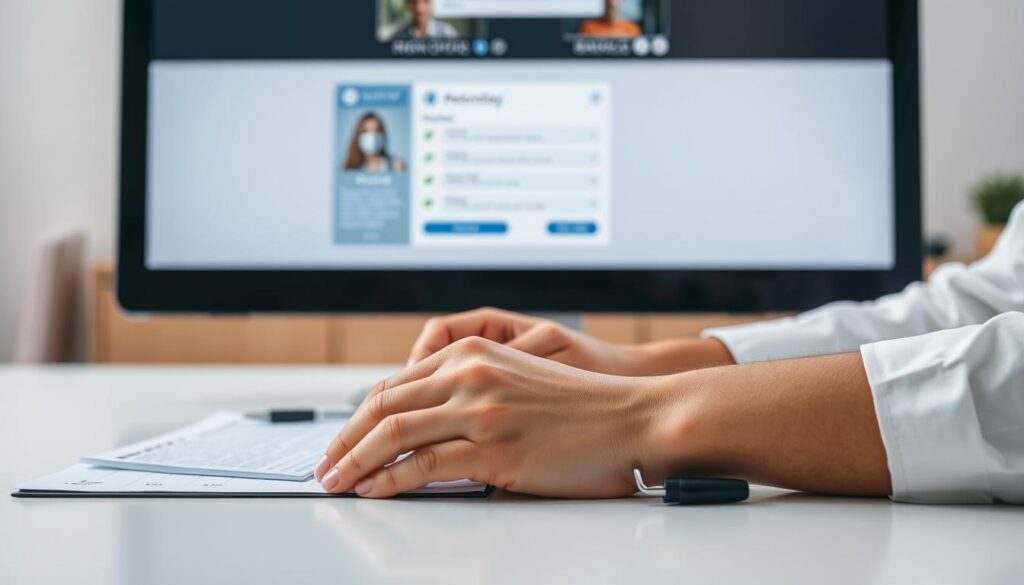 A well-lit, high-resolution close-up shot of a person's hands and desk, depicting the preparation for an endocrinology appointment. The foreground shows a person's hands laying out medical documents, a pen, and a notebook on a clean, organized desk. The middle ground features a computer monitor displaying a patient portal or appointment information. The background is a neutral, slightly blurred office or medical environment, conveying a sense of professionalism and attentiveness. The lighting is soft and natural, creating a calming, focused atmosphere. The overall scene evokes a sense of readiness, organization, and attention to detail in preparation for a meaningful medical consultation.