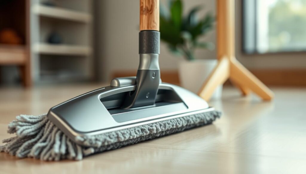A well-lit, high-resolution close-up shot of key cleaning tool features for an effective mop. In the foreground, a sturdy metal mop head with a thick, durable sponge-like material and textured surface for scrubbing. In the middle ground, a long, ergonomic wooden handle with a comfortable grip. In the background, a hanging hook or stand for easy storage. The lighting is bright and even, highlighting the sleek, modern design and practical functionality of the cleaning tools. The overall mood is one of efficiency, quality, and attention to detail.