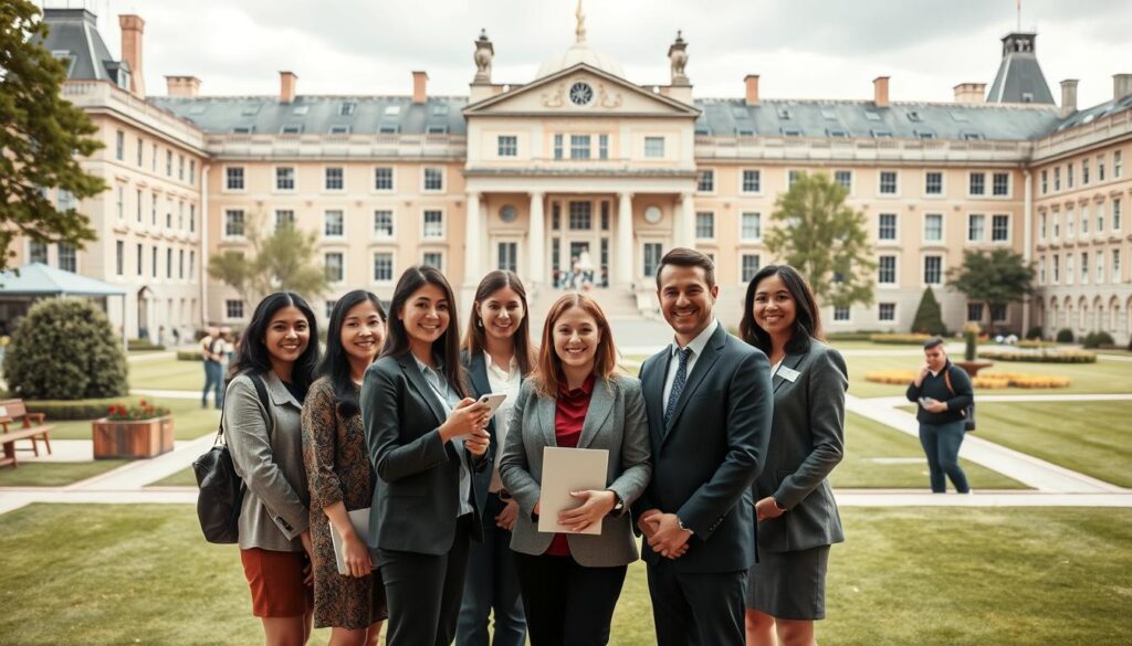 A well-lit, high-resolution image of British tutors in a modern, inviting educational setting. In the foreground, a group of diverse tutors in professional attire stand engaged with a cohort of students, exuding an air of expertise and dedication. The middle ground features a spacious, well-equipped classroom with state-of-the-art learning resources, conveying a sense of academic excellence. The background showcases the iconic architecture of a prestigious British educational institution, its grand façade and manicured grounds suggesting a rich heritage of educational tradition. The overall mood is one of intellectual rigor, educational aspiration, and the promise of UK educational prowess.