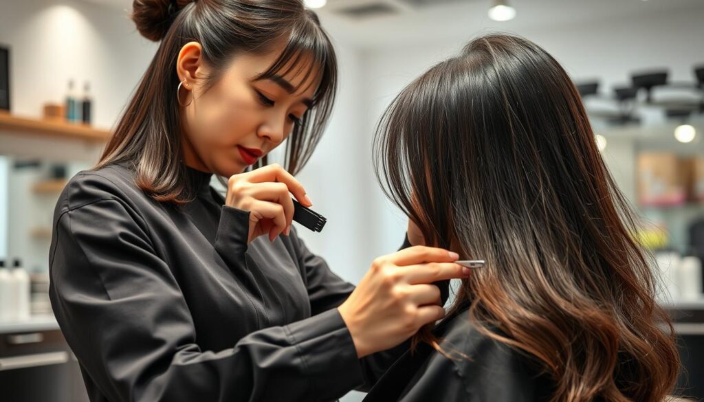 A well-lit, high-resolution image of a Korean-trained stylist demonstrating their advanced hair cutting and styling techniques in a clean, modern salon. The stylist is meticulously working on a client's hair, showcasing their precision, dexterity, and artistry with various tools and products. The background features minimalist decor and soft lighting, creating a serene, professional atmosphere. The focus is on the stylist's skilled hands and the transformative results, highlighting the unique expertise and attention to detail that sets Korean hair salons apart.