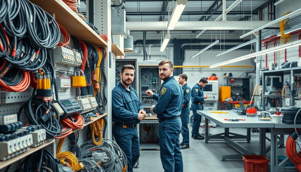 A well-lit, high-resolution image of a comprehensive electrical services shop interior. In the foreground, various electrical tools and equipment such as wiring, circuit breakers, and power outlets are neatly organized on shelves. In the middle ground, a team of professional electricians in uniforms are working on a complex electrical panel, their faces focused and determined. The background features a modern, state-of-the-art workshop with advanced testing equipment and workbenches, conveying a sense of expertise and efficiency. The lighting is bright and clean, illuminating the space and highlighting the attention to detail. The overall atmosphere is one of professionalism, competence, and a commitment to delivering top-quality electrical services.