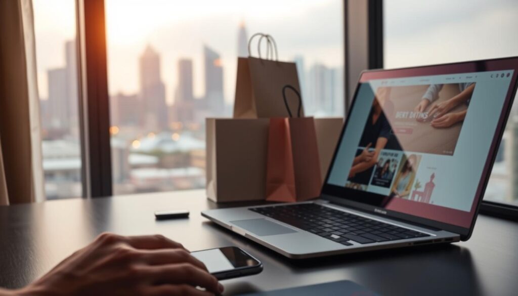 A well-lit, high-resolution image of a modern desktop workspace showcasing online shopping tips for Singapore. The foreground features a laptop displaying an e-commerce website, with a hand holding a smartphone nearby. In the middle ground, neatly stacked shopping bags and a credit card are visible, conveying a sense of a successful online shopping experience. The background depicts the Singapore skyline through a window, with a warm, inviting glow from the city lights. The overall composition and lighting create a polished, professional atmosphere, suitable for illustrating a section on online clothing shopping in Singapore.