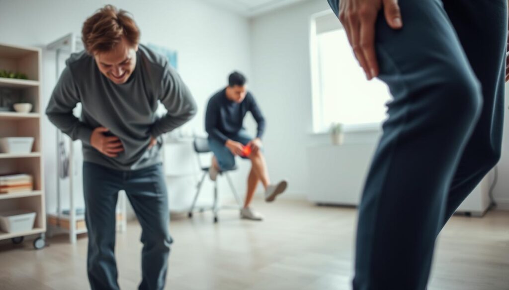 A well-lit, high-resolution image of a person experiencing various orthopedic symptoms. The foreground shows a person grimacing in pain, clutching their knee or ankle. The middle ground depicts the person attempting to move the affected joint, showcasing limited range of motion. The background features a clean, clinical setting, such as a doctor's office or physiotherapy room, suggesting the need for professional medical attention. The lighting is soft and natural, highlighting the person's discomfort and the importance of seeking specialized care. The overall atmosphere conveys a sense of concern and the necessity of consulting an orthopedic specialist for proper diagnosis and treatment.