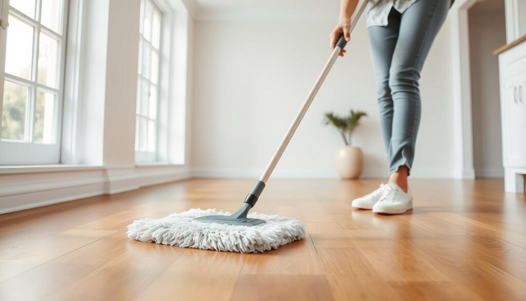 A well-lit, high-resolution image of a person using a microfiber mop to clean a hardwood floor in a bright, airy room. The mop has a long, slender handle and a rectangular mop head with soft, absorbent microfiber strands. The person is wearing casual clothes and is gently pushing the mop across the floor, leaving a clean, streak-free surface. The background features white walls, natural lighting from large windows, and minimal decor to keep the focus on the cleaning action. The overall scene conveys a sense of efficiency, cleanliness, and ease of use for a microfiber mop in an everyday household setting.