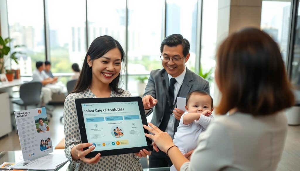 A well-lit, high-resolution image of a warm and welcoming family-friendly office setting. In the foreground, a smiling mother holds an infant, surrounded by informative brochures and documents about infant care subsidies in Singapore. In the middle ground, a government official gestures towards a tablet displaying detailed subsidy information. The background features a modern, vibrant workspace with a large window overlooking a bustling cityscape. The overall atmosphere conveys a sense of accessibility, support, and financial assistance for families navigating the challenges of infant care in Singapore.