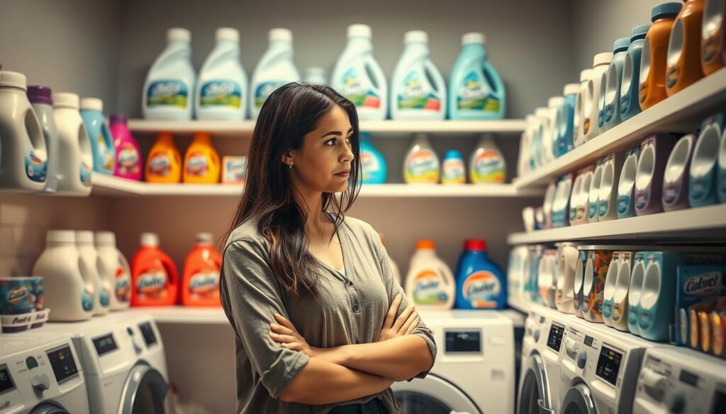 A well-lit, high-resolution image of a woman standing in a modern laundry room, carefully considering various types of laundry detergents displayed on shelves. The woman is dressed casually, with a pensive expression as she examines the different product labels, colors, and scents, trying to determine the best fit for her household's needs. The shelves in the background showcase a wide range of detergent options, including liquid, powder, and pod varieties, with a clean, minimalist aesthetic. Soft, warm lighting illuminates the scene, creating a sense of thoughtfulness and decision-making. The overall atmosphere conveys the importance of choosing the right laundry detergent to meet personal preferences and cleaning requirements.