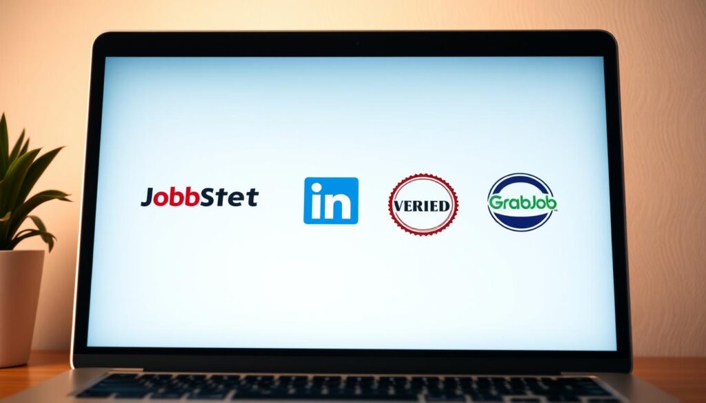 A well-lit, high-resolution image of several trusted job platforms and job boards prominently displayed on a laptop or desktop computer screen. The platforms should include reputable names such as JobStreet, LinkedIn, and GrabJobs, showcasing their verified seals or badges. The composition should be clean and professional, with a soft, warm lighting illuminating the screen and creating a sense of credibility and trust. The background should be uncluttered, allowing the job platforms to take center stage and emphasize their legitimacy. The overall tone should convey a sense of confidence and reliability, reflecting the importance of finding genuine part-time job opportunities in Singapore.