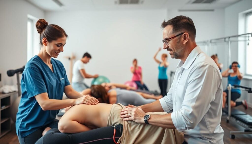 A well-lit, high-resolution image showcasing common physiotherapy treatments. In the foreground, a physiotherapist assists a patient with gentle stretching exercises. In the middle ground, a patient receives targeted massage therapy, while another undergoes electrotherapy. In the background, a group of patients engage in various strengthening and rehabilitation activities, such as using exercise balls, resistance bands, and parallel bars. The scene is captured with a depth of field that emphasizes the central focus while maintaining clarity throughout. The overall atmosphere conveys a professional, caring, and rehabilitative environment.