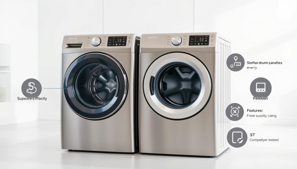 A well-lit, high-resolution photograph of a modern, stainless steel washer and dryer set, showcasing their key capacity and feature details. The appliances are positioned in a bright, minimalist interior with clean lines and neutral tones, allowing the technical specifications to be the focal point. The camera angle is slightly angled, providing an eye-level perspective that highlights the intuitive control panels, spacious drum capacities, and energy-efficient design elements. The image conveys a sense of sleek, high-quality craftsmanship and advanced technological capabilities that would appeal to discerning consumers shopping for the best washer dryer in Singapore.