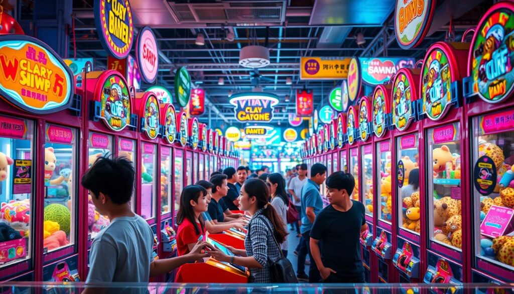 A well-lit, high-resolution photograph of a vibrant, bustling claw machine arcade filled with rows of colorful, prize-filled machines. The foreground features several customers excitedly operating the claw machines, their faces alight with anticipation as they try to snag a coveted plush toy or other prize. The middle ground showcases the diverse array of claw machines, each one decorated with eye-catching graphics and brightly illuminated buttons. In the background, the arcade is alive with the sounds of whirring machines, chiming bells, and the laughter of patrons. The overall atmosphere is one of energetic fun and the thrill of the hunt, capturing the essence of "Play United: Claw Machine Capital of Southeast Asia". A well-lit, high-resolution photograph of a vibrant, bustling claw machine arcade filled with rows of colorful, prize-filled machines. The foreground features several customers excitedly operating the claw machines, their faces alight with anticipation as they try to snag a coveted plush toy or other prize. The middle ground showcases the diverse array of claw machines, each one decorated with eye-catching graphics and brightly illuminated buttons. In the background, the arcade is alive with the sounds of whirring machines, chiming bells, and the laughter of patrons. The overall atmosphere is one of energetic fun and the thrill of the hunt, capturing the essence of "Play United: Claw Machine Capital of Southeast Asia".