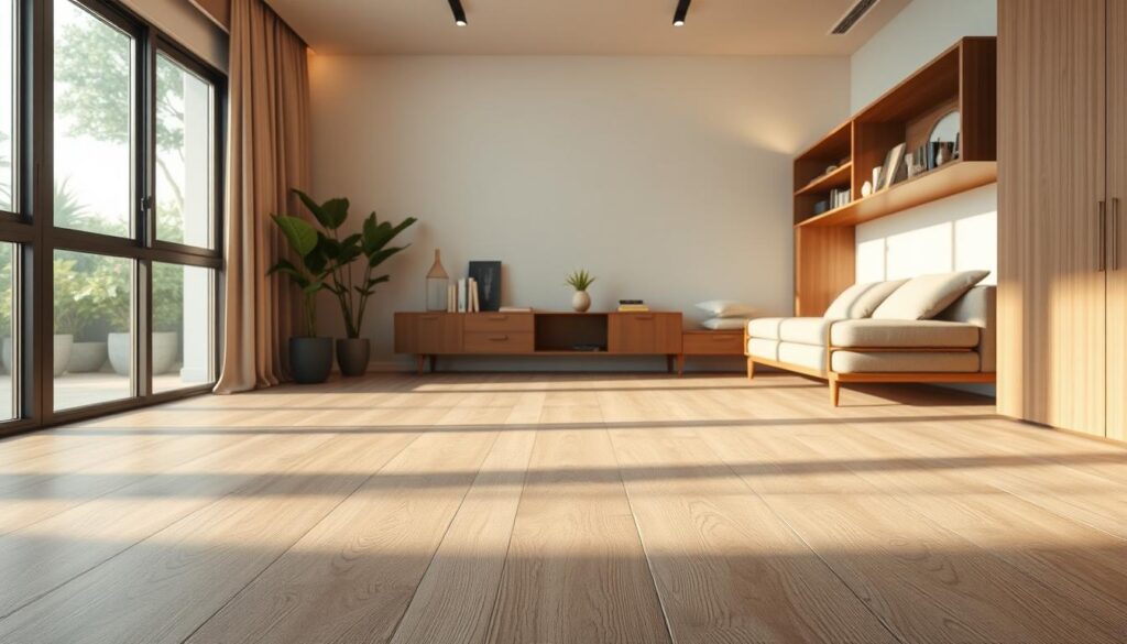 A well-lit, high-resolution photograph of eco-friendly vinyl flooring in a modern Singaporean interior. The flooring is made of recycled materials, with a natural wood-like texture and muted earth-toned color palette. The image showcases the flooring's durability and sustainable properties, reflecting the brand's commitment to environmental responsibility. The room is bathed in warm, diffused lighting, creating a calming, inviting atmosphere. The angle captures the flooring in both close-up detail and wider context, highlighting its seamless integration into the space.