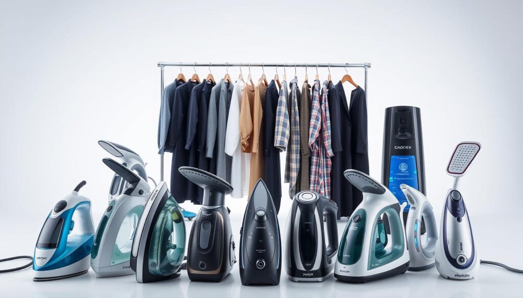 A well-lit, high-resolution photograph showcasing a diverse selection of premium garment steamers on a clean, minimal background. The foreground features several top-rated steam irons and handheld garment steamers from leading brands, arranged in a visually appealing composition. The middle ground offers a variety of full-size, upright steamer models in various colors and designs. The background subtly hints at a modern, professional setting, emphasizing the practicality and reliability of these essential household appliances. The overall scene conveys a sense of quality, efficiency, and the ability to effortlessly refresh and smooth clothing, curtains, and fabrics.
