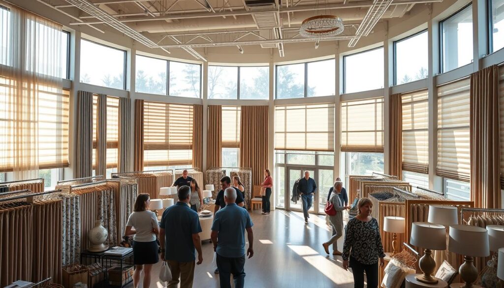 A well-lit interior showroom showcasing a diverse array of factory-direct window treatments. Sunlight streams through large panoramic windows, illuminating rows of elegant curtains, blinds, and shades in a spectrum of colors and textures. Customers peruse the ample selection, considering the perfect fit for their homes. Carefully curated displays present the latest designer styles, from sheer linen panels to bold graphic prints, alongside practical blackout options and motorized solutions. The atmosphere exudes a sense of quality and affordability, inviting visitors to envision the transformative impact of these factory-direct furnishings. A well-lit interior showroom showcasing a diverse array of factory-direct window treatments. Sunlight streams through large panoramic windows, illuminating rows of elegant curtains, blinds, and shades in a spectrum of colors and textures. Customers peruse the ample selection, considering the perfect fit for their homes. Carefully curated displays present the latest designer styles, from sheer linen panels to bold graphic prints, alongside practical blackout options and motorized solutions. The atmosphere exudes a sense of quality and affordability, inviting visitors to envision the transformative impact of these factory-direct furnishings.