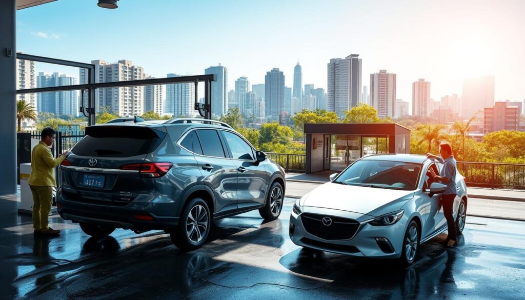 A well-lit, inviting car wash service in an urban setting. In the foreground, a clean, modern car undergoing a thorough wash, with friendly staff attending to it. The middle ground features a well-organized, spacious car wash facility with efficient equipment and clearly marked service areas. In the background, a vibrant cityscape with high-rise buildings, lush greenery, and a clear, sunny sky, conveying a sense of accessibility and affordability within a thriving metropolitan environment. The overall mood is one of efficient, customer-centric service, offering a seamless and satisfying car cleaning experience.