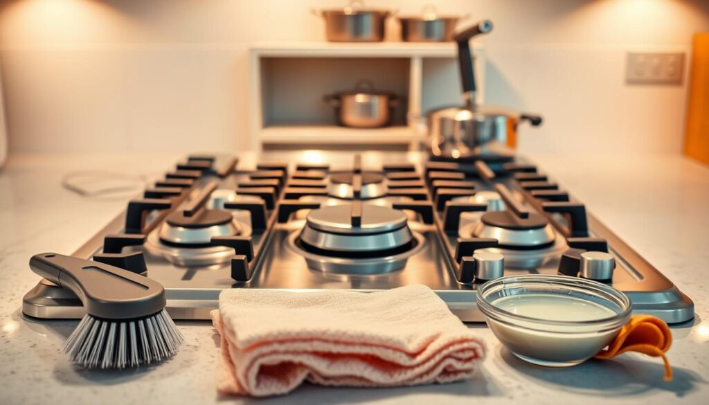 A well-lit kitchen counter with a gas hob in the center, gleaming chrome surfaces and burners. In the foreground, a set of cleaning tools - a stiff-bristle brush, a microfiber cloth, and a small bowl of mild detergent solution. The background shows an open cabinet with neatly arranged cookware. Warm, diffused lighting casts a soft glow, highlighting the hob's intricate metal grates and control knobs. The overall scene conveys a sense of meticulous care and attention to detail, reflecting the importance of proper gas hob maintenance.