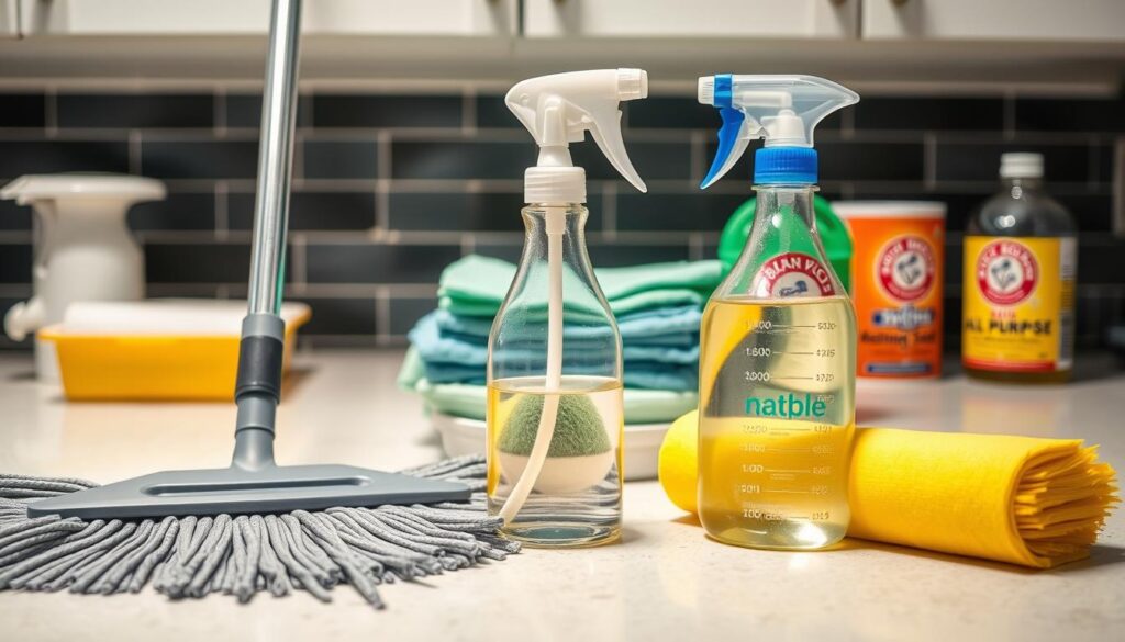 A well-lit kitchen counter with an assortment of budget-friendly cleaning tools arranged neatly. In the foreground, a sturdy mop, a scrub brush, and a spray bottle filled with a natural cleaning solution. In the middle ground, a stack of microfiber cloths and a roll of paper towels. In the background, a bottle of all-purpose cleaner and a container of baking soda. The lighting is bright and evenly distributed, highlighting the simplicity and practicality of the tools. The overall mood is one of efficiency and affordability, conveying the idea of effective cleaning without breaking the bank.
