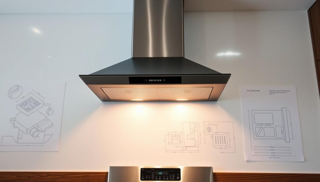 A well-lit kitchen interior, a sleek and modern cooker hood elegantly installed above a stove. The cooker hood's metallic finish reflects the warm, indirect lighting, casting a soft glow. The installation is precise, with the hood flush against the wall, integrated seamlessly into the kitchen's design. Detailed engineering schematics are visible in the background, guiding the perfect placement and alignment of the appliance. The overall scene conveys a sense of thoughtful, professional installation - a harmonious blend of form and function suited for a Singapore home.