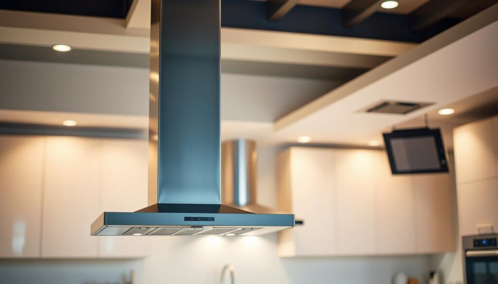 A well-lit kitchen interior showcasing an array of modern cooker hoods. In the foreground, a sleek island-mounted range hood with a powerful extraction fan and minimalist stainless steel design. In the middle ground, a wall-mounted chimney hood with a decorative glass or metal canopy. In the background, a recessed ceiling-mounted downdraft extractor subtly integrated into the kitchen layout. The lighting is warm and ambient, highlighting the texture and materials of the various ventilation systems. The camera angle is slightly elevated to provide an overview of the different cooker hood options and their integration into the overall kitchen design.