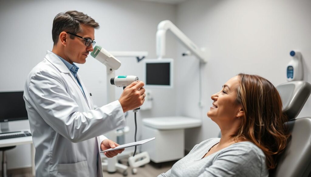 A well-lit medical examination room with a professional upper limb specialist performing a detailed shoulder evaluation on a patient. The specialist is using advanced diagnostic tools, examining the patient's range of motion, and carefully noting their findings. The patient is seated comfortably, with a calm, cooperative expression. The background features modern orthopedic equipment and a clean, sterile environment, conveying a sense of expertise and care. The lighting is soft and directional, highlighting the specialist's focused attention and the patient's trust. The overall atmosphere is one of professionalism, empathy, and a commitment to providing the best possible care.
