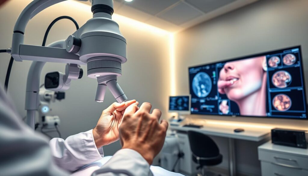 A well-lit medical examination room with advanced dermatological equipment and tools. In the foreground, a close-up view of a dermatologist's hands examining a patient's skin under a high-resolution digital microscope. The middle ground features an array of diagnostic instruments, including a dermoscope, UV light, and a skin biopsy tool. The background showcases a sleek, modern medical setup with a large wall-mounted display showing detailed skin imagery and analysis. The overall atmosphere conveys a sense of professionalism, clinical precision, and the latest advancements in dermatological care.