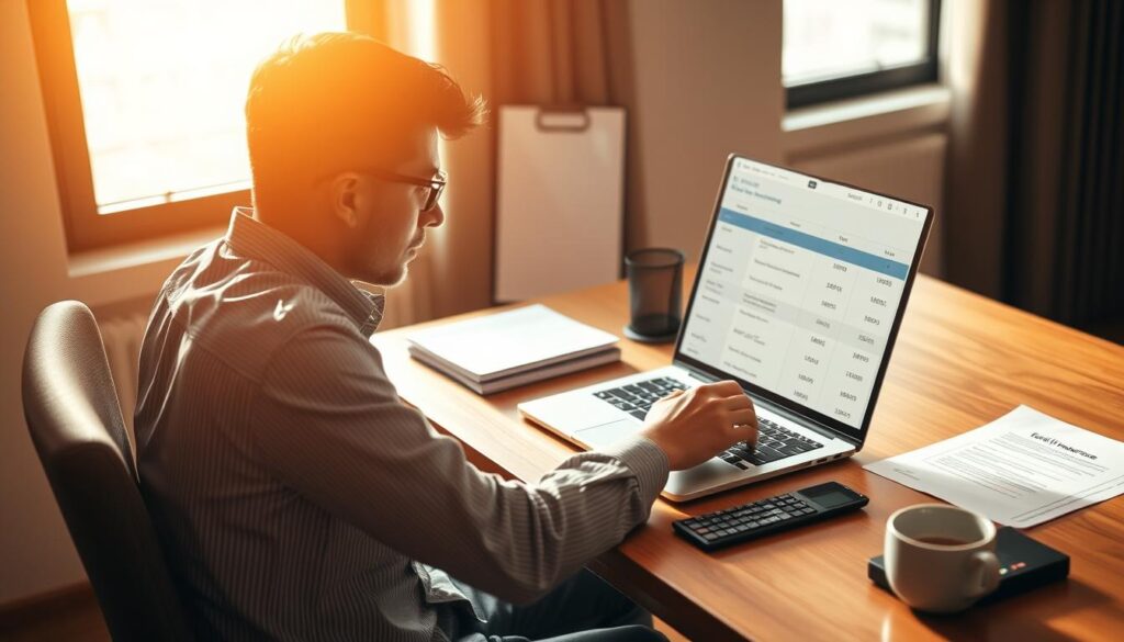 A well-lit, mid-shot composition of a person sitting at a desk, carefully reviewing and comparing various term life insurance plans on a laptop screen. The desktop is neatly organized, with a stack of documents, a calculator, and a cup of coffee. Warm, natural lighting filters in through a window, casting a soft glow on the scene. The person's facial expression conveys thoughtfulness and focus as they navigate the decision-making process of choosing the best term insurance plan for their needs in Singapore.