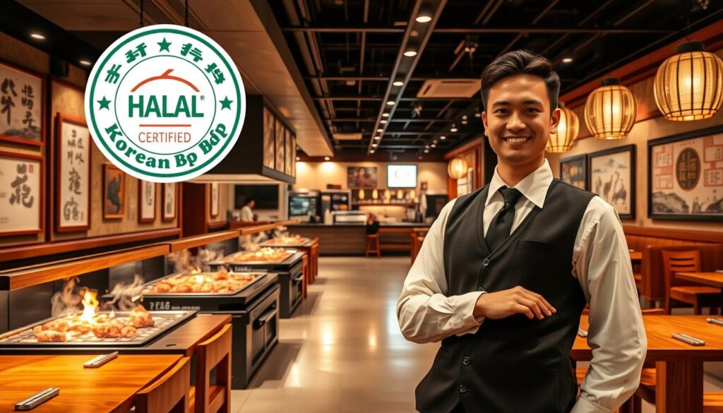 A well-lit, modern Korean BBQ restaurant interior with a halal certification prominently displayed. The spacious dining area features an open kitchen with sizzling meat on charcoal grills, surrounded by wooden tables and benches. Soft lighting casts a warm, inviting glow, while traditional Korean artwork and decor adorn the walls. In the foreground, a friendly staff member in a crisp uniform greets customers, welcoming them to the authentic, halal-certified dining experience. The overall atmosphere exudes a blend of traditional Korean culture and contemporary hospitality.