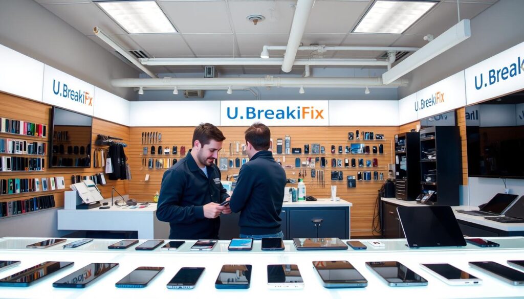 A well-lit, modern interior of a uBreakiFix repair shop, showcasing a range of smart devices on display, including smartphones, tablets, and laptops. The foreground features a sleek counter with a technician assisting a customer, their expressions conveying a sense of professionalism and care. The middle ground highlights various repair tools and equipment, suggesting the shop's expertise in device repair. The background showcases the shop's branding and signage, creating a cohesive and welcoming atmosphere. The lighting is bright and natural, with a warm, inviting color palette that reflects the shop's commitment to providing high-quality repair services.