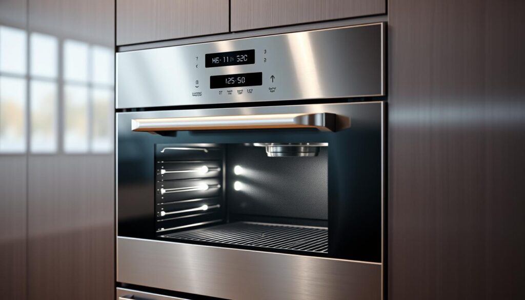 A well-lit, modern kitchen interior with a stainless steel oven as the focal point. The oven is set into a sleek, built-in wall unit, with a large, glass window and distinct control panel displaying various features and settings. The oven's interior is visible, showcasing its spacious capacity and even heating elements. Soft, directional lighting highlights the oven's design details, creating a sense of precision and functionality. The overall scene conveys a high-end, professional kitchen aesthetic that would appeal to discerning home cooks. A well-lit, modern kitchen interior with a stainless steel oven as the focal point. The oven is set into a sleek, built-in wall unit, with a large, glass window and distinct control panel displaying various features and settings. The oven's interior is visible, showcasing its spacious capacity and even heating elements. Soft, directional lighting highlights the oven's design details, creating a sense of precision and functionality. The overall scene conveys a high-end, professional kitchen aesthetic that would appeal to discerning home cooks.