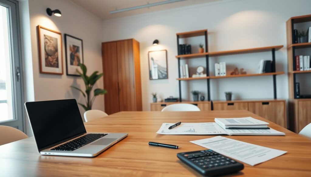 A well-lit, modern office interior with a wooden desk, a laptop, and a smartphone. On the desk, various financial documents, a pen, and a calculator are neatly arranged. The walls are adorned with minimalist artwork and shelves containing finance-related books. Soft, indirect lighting casts a warm glow over the scene, creating a professional and inviting atmosphere. The camera angle is positioned slightly above the desk, capturing the setup process from an elevated perspective, showcasing the organized and efficient workflow.